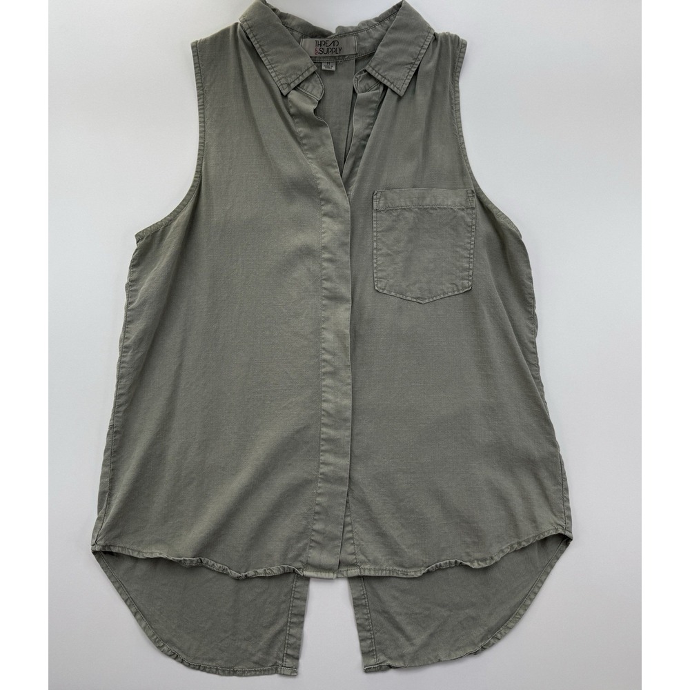 Sleeveless Button Front Tunic Top M Sage Green Utility Safari Boho Lightweight